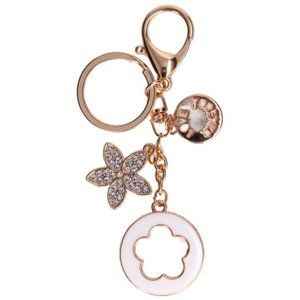 NWT Rhinestone White Purse Charm Key Ring Chain Clover Fleur di Lis Gold Bag